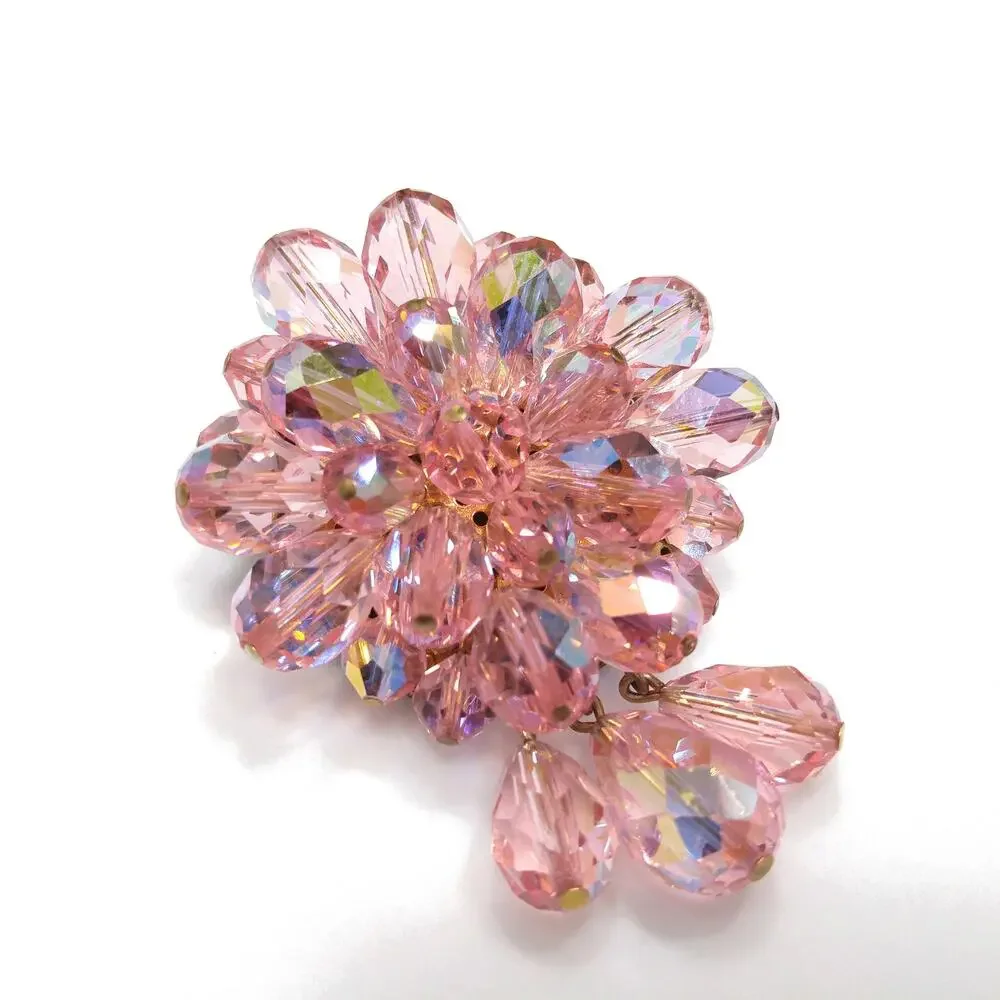 Pink Aurora Borealis Beaded Brooch, Three Bead Dangles, 1960s Vintage Jewelry